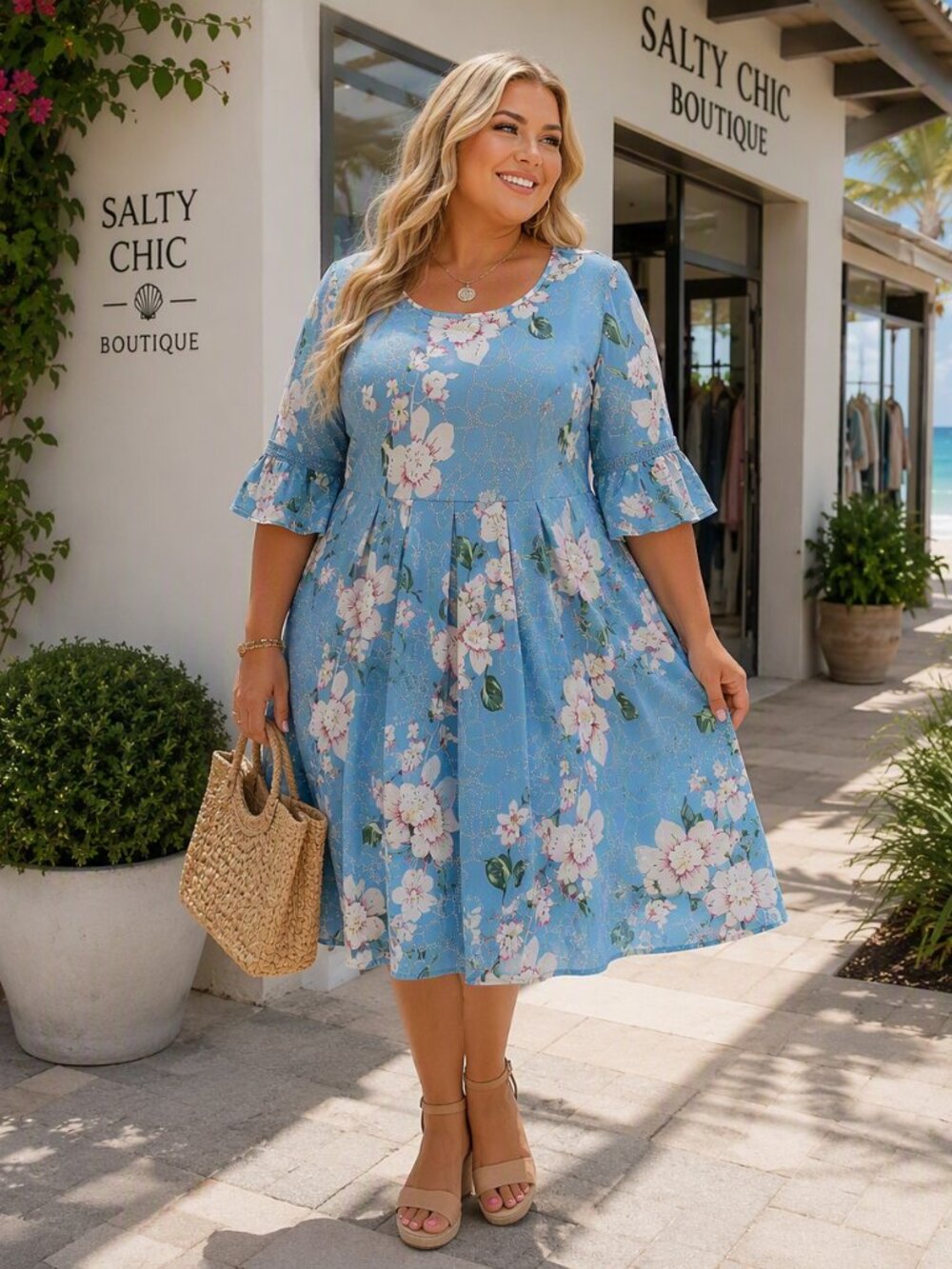 Floral Dress Pin Up Fashion a line dress Scoop Neck Swing Dress Light Blue 14W - Picture 2 of 6